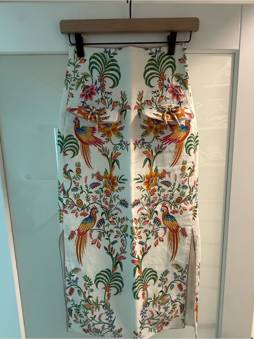 Farm Rio Women linen Floral Embroidered Midi Skirt - White with Multicolor Print